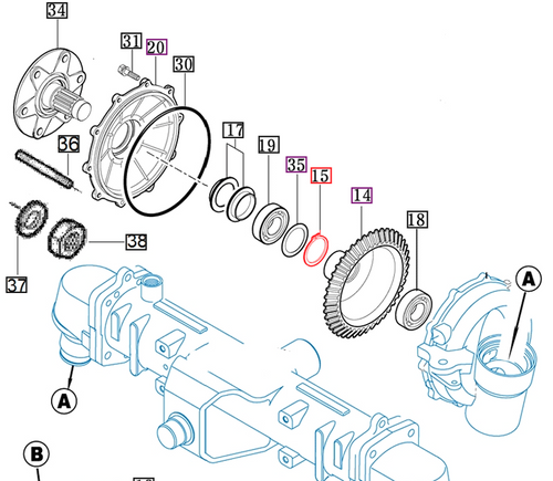 Mahindra C type snap ring 17994420060 small circlip used to retain bearings and gears in front differential gears and front gear case assemblies on multiple Mahindra tractor front axles.
