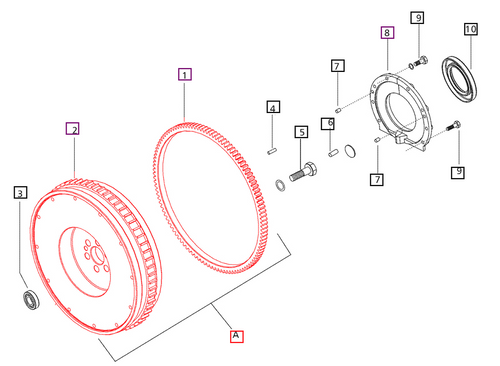 Mahindra flywheel assembly 006012778B91 for 4565 2WD T4 and 5500 Series 5545, 5555, 5565, 5570 Synchro tractors (engine flywheel and rear oil seal group).