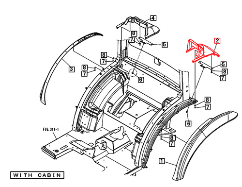 Mahindra OEM left‑hand rear fender cover 19486611000 for cabin exterior/frame on 1538 HST Cabin T4, 1635 HST Cabin and 1640 HST Cabin tractors.