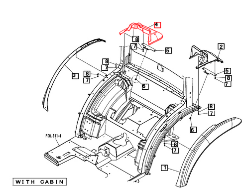 Mahindra OEM right‑hand rear fender cover 19486612000 / 19486612001 for cabin exterior/frame on 1538 HST Cabin T4, 1635 HST Cabin and 1640 HST Cabin tractors.