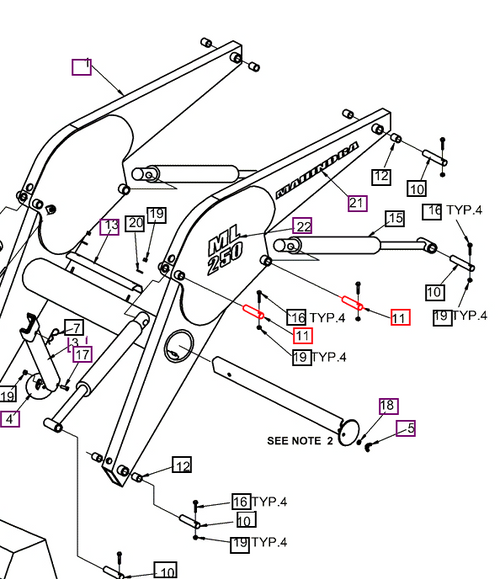 Mahindra OEM Buhler loader main frame pivot pin BUH112955 (1.25 x 5.00) for ML250 and ML260 loader frames on 5525, 6025, 4500, 5500 and 6000 Series tractors.
