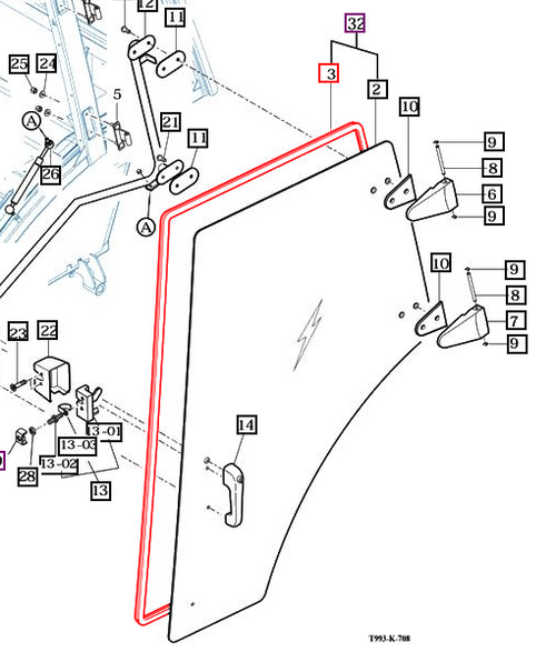 Mahindra OEM cab door and rear glass insulator 19027672021 for mForce 100/105/105XL and 9000 Series 9110/9125 cab tractor doors and glass openings.
