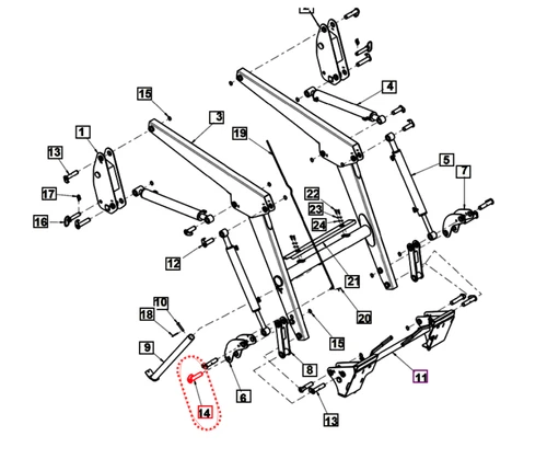 Mahindra Ansung loader bucket link/boom pin ANSP28E-1230 for AML333/AML334 and 4540/4550 Ansung loader boom assemblies on 4025, 4525, 4540 and 4550 tractors
