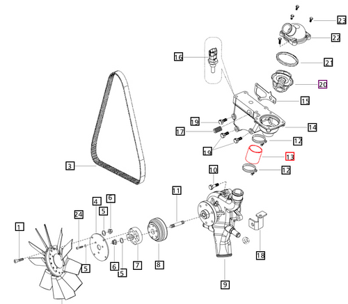 Mahindra molded water pump bypass hose 000020591E06 between thermostat housing and water pump for 2660 2670 6065 6075 7085 7095 8090 and 8100 tractor cooling systems