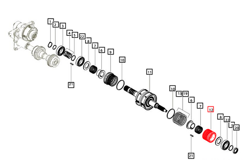 Mahindra reverse driving 25 tooth gear MPST 006512709U1 for 6065/6075 6000 Series and 7085/7095 7000 Series tractor transmissions, used in clutch housing and PST input shaft.