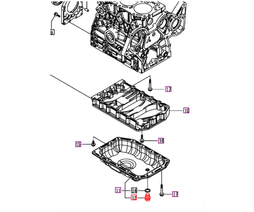 Mahindra engine oil pan drain plug 12905401640 for eMax20S HST OS tractors, used in the mounting flange and oil sump.