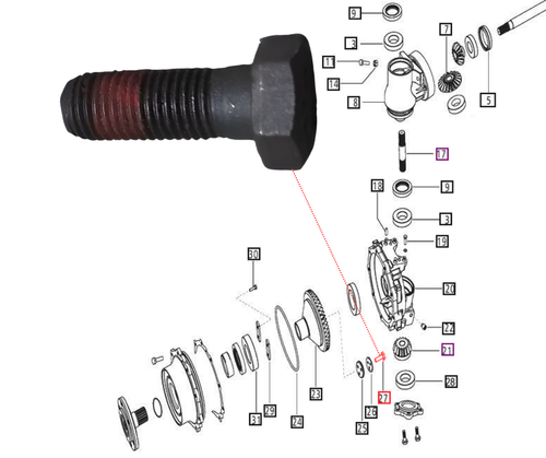 Mahindra hex bolt 006505658D1, size M10 x 1.25 x 25.6, used to retain front axle housings and secure differential/range transmission components on multiple Mahindra tractor series.