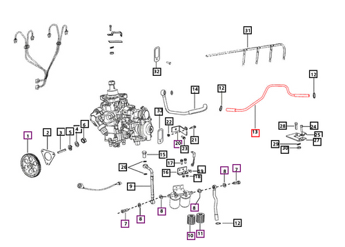 Mahindra 006000922F2 fuel overflow pipe tank side Mod H3 used on 5520, 6520, 7520 and 8560 Tier 3 tractor fuel injection system.