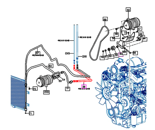 Mahindra 12297081241 / 12297081240 A/C suction hose assembly No.2 for heater and air-conditioning system on 2555, 2565, 2655, 2660 and 2670 cab tractors.