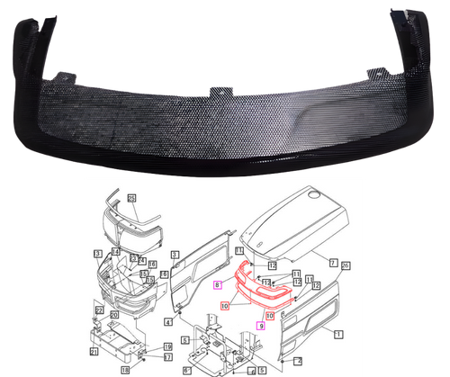 Mahindra 19442645AG0 grille screen assembly mounts ahead of the radiator inside the hood/bonnet to protect the cooling stack from debris while allowing airflow on 1526, 1626, 3016 and 3616 tractors.
