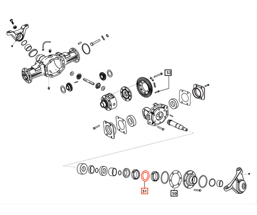 Mahindra E006507878D1 spiral bevel pinion lock washer fits between the front differential spiral pinion nut and gear, preventing loosening and maintaining preload on the front axle gear set of listed Mahindra tractor models.