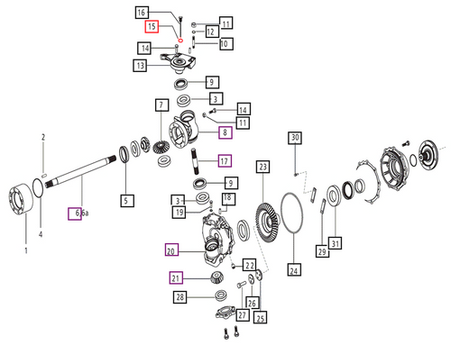 Mahindra 000016656P04 O-ring 22.7 x 2.8 mm seals hydraulic oil at front axle hub interfaces and PTO housing passages on listed Mahindra tractor front axle and transmission PTO sections.