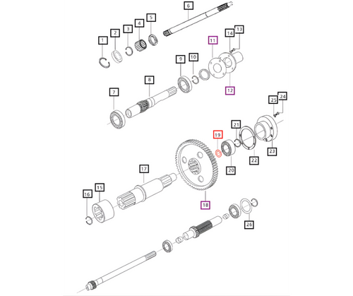 Mahindra 005551703R1 PTO shaft spacer maintains correct axial clearance and preload between the PTO front shaft bearings and gears inside the transmission on listed Mahindra tractor models, helping keep CRPTO, IPTO and SLPTO gear trains aligned and quiet.