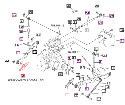 Mahindra right‑hand 3‑point linkage bracket 19633002BR0 replacing 19633002AG0 for 15 Series 2015 and 16 Series 2216 tractor lower hitch arm mounting.