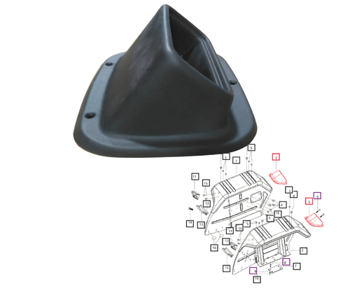Mahindra 007540270C1 007540270C2 tail lamp housing taillight fender cover for rear fender lamp assemblies on 4530 6530 and 5500 Series tractors. Priced and Sold Per Each.
