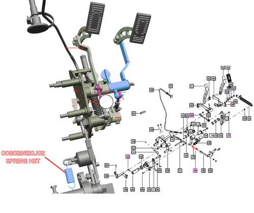 Mahindra 008028620J02 upgraded HST return spring for hydrostatic pedal assembly on 1100 Series 1120 1123 1126 sub‑compact OS and cabin tractors.