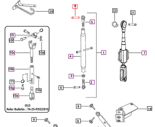 Mahindra 005557694R1 Cat II top link pin for upper 3‑point hitch connection on Mahindra utility tractors using Category II implements.
