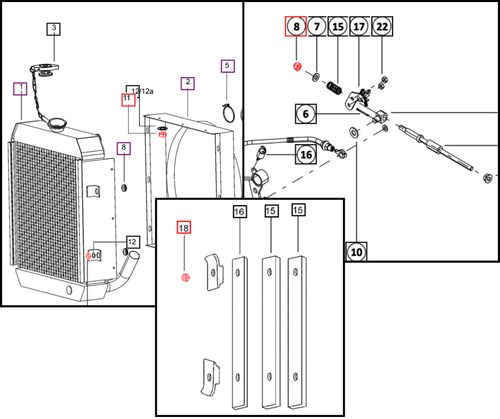 Mahindra nylock nut M8 x 1.25 000020742E05 used as a locking fastener on radiator frames fuel tanks fenders PTO linkages front axle supports exhaust brackets and hand brake assemblies on various Mahindra tractors