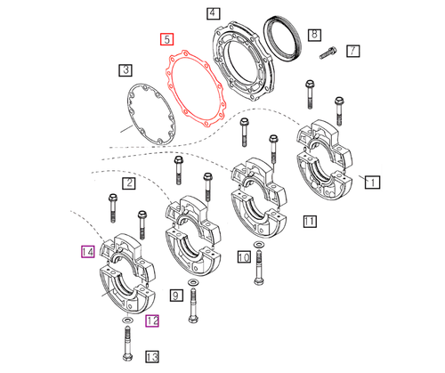 Mahindra bearing case cover gasket E685004822 for main bearing case group on 10 Series 4010 5010 6010 6110 tractor engines.