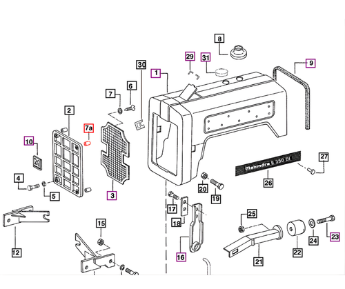 Mahindra rubber grill boot 001231258R1 used as a seal and cushion between the hood and radiator grille on 3505 4505 5005 C4005 E350 485 DI and 575 DI tractor front sheet metal assemblies.