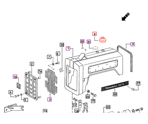 Mahindra sealing cap 007600291B1 for covering the hood precleaner opening and sealing the hood and radiator grille assembly on 3505 4505 5005 C4005 and E350 tractors.