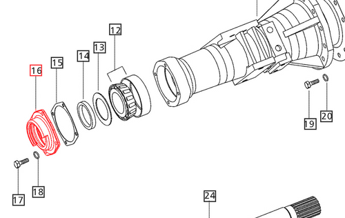 Mahindra rear axle bearing retainer 006504382C1 used in the rear axle carrier to support the axle shaft bearings on 25 30 00 4500 and 5500 Series tractors including 5525 6025 4500 5500 6000 6500 4530 5530 6030 6525 6530 5555 5565 and 5570 models.