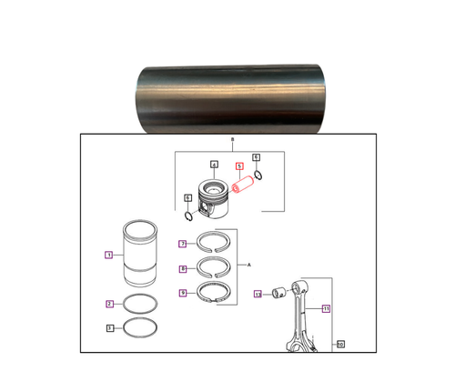 Mahindra IPL piston pin 005551054R2 hardened 16MnCr5 wrist pin replacing 005550812R1 for piston, liner and connecting rod assemblies in multiple Mahindra tractor engines.