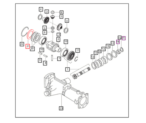 Mahindra front differential/front axle shim 17994340210 (115 x 125 x 1.5) for Mahindra 4530, 5545, 6110, 7010, 2565, 2665, and 2670 4WD tractors, used to adjust front differential bearing and gear clearances for proper mesh and quiet operation.