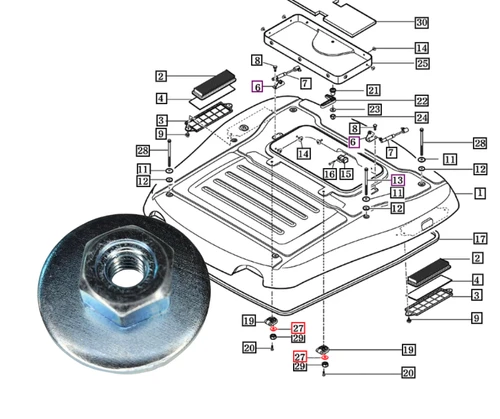 Mahindra cabin roof nut comp M6 19027212300 for Mahindra 10, 2500, 2600, mForce 100, mForce 105, and mForce 105XL Series cabins, used as an M6 fastening nut for roof and sunroof components in the cab roof group.