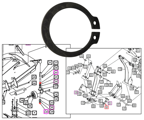 This retaining ring AME013251 for Mahindra Ameriquip backhoes and mowers is typically used on pin and shaft locations where a circular snap ring holds components axially in grooves on the backhoe or mower deck assemblies.