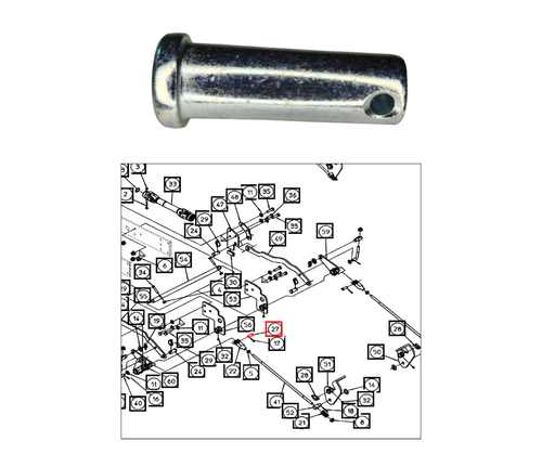 Mahindra clevis pin AME013463 for MB65D backhoes and Ameriquip 60" mower mount kits on eMax 22/25 tractors, used to secure mounting brackets and hydraulic or deck linkage points while allowing quick removal with a cotter or clip.