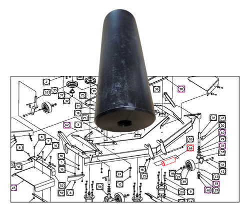 Mahindra anti‑scalp roller AME066167 for Ameriquip 60" and 72" mower decks on Max, eMax, 2516, 3016, 3616, and 1533/1538 tractors, used to support the deck and prevent scalping for a smoother, more even cut.