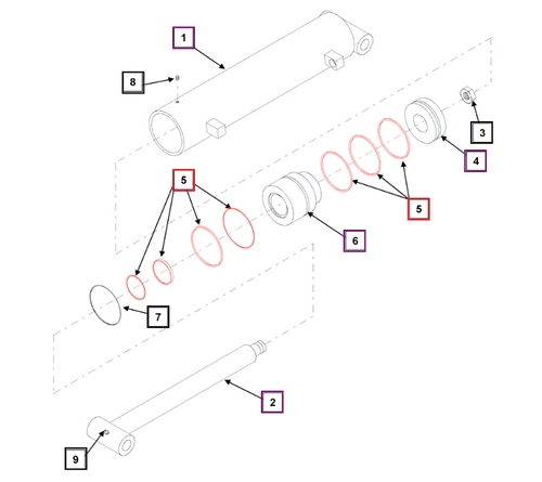 Mahindra KMW loader seal kit KMW05902002 for KMW ML112, ML214, ML230, and ML260 loader lift and tilt hydraulic cylinders on 3510, 4110, 3505, 4005, 4505, 5005, 4500, 5500, and 6000 2WD tractors.