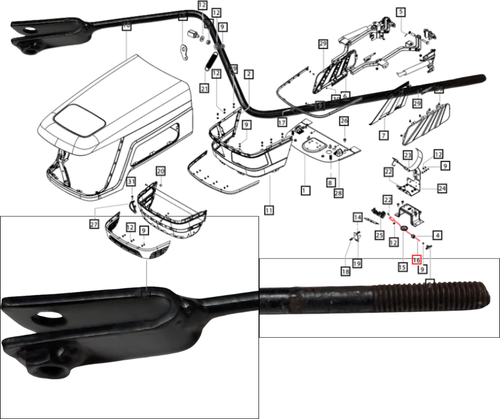 Mahindra hood latch operating rod 007640531U91 for 6000 Series 6065 and 6075 2WD, 4WD, cab, and Tier 4 tractors, OEM sheet metal hood assembly linkage rod.