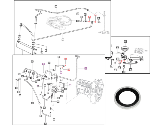 Mahindra Dowty sealing washer M16 006505781D1, bonded metal and rubber washer for sealing hydraulic, PTO, transmission, and oil cooler fittings on 35, 3500, 3600, 6000, and 7000 Series tractors.