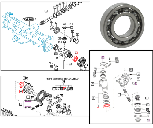 Mahindra ball bearing V6001106212 for front and rear differential gears, front axle, and PTO shaft on Mahindra 10, 2500, 2600, 5500, 9000, mForce 100/105, and mForce105XL Series tractors, OEM driveline bearing for differential and front gear case assemblies.