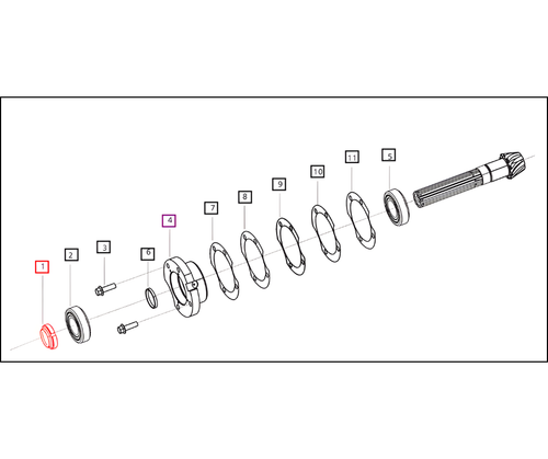 Mahindra spiral pinion bevel shaft lock nut 000012166P04 for 5520, 6520, 7060, 7520, 8560, mPower 75/85 and 8090/8100 tractors, OEM lock nut that secures the rear transmission spline shaft and spiral bevel pinion shaft.