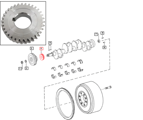 Mahindra crankshaft front gear pinion 000703865R1, 33‑tooth front crank gear for 3505, 4505, 5005, C4005, E350, 475 DI, 485 DI and 575 DI engines, OEM timing drive gear mounted on the front of the crankshaft.