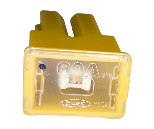 Mahindra 60 amp fuse E007701671D91 for 1500, 1600, 2500, 2600, 3500, 3600, 4500, 5500 and mPower tractor series, OEM main 60A slow-blow fuse used in wiring harness and electrical accessory circuits.