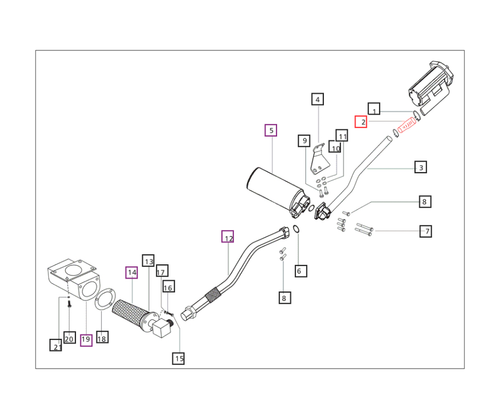 Mahindra hydraulic pump suction hose 007203005C1 for 25 and 30 Series 5525, 6525, 5530, 6030, 6530 and 4565 2WD tractors, OEM hose that draws oil from the hydraulic suction strainer and transmission sump into the main hydraulic pump.
