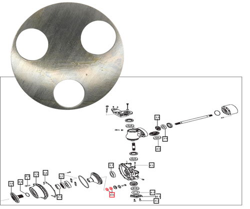 Mahindra front axle spindle shim E006509382D1, 0.1 mm clearance shim used on 35, 25, 3500, 4500 and 3600 Series 4WD tractors including 3535, 4035, 4535, 4025, 5035, 3540, 3550, 4540, 4550, 3640 and 3650 to fine tune front spindle bearing preload and endplay.