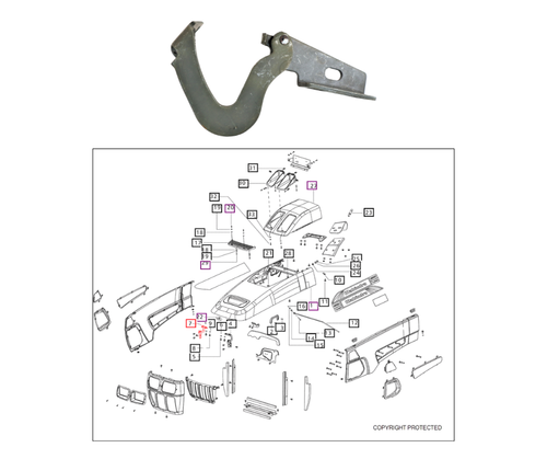 Mahindra right-hand hood hinge 007500210D91 for 20 and 60 Series 5520, 6520, 7060, 7520, 8560 and mPower 75/85 tractors, OEM bonnet hinge that connects the hood to the front end assembly for proper opening and support.