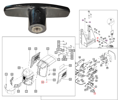 Mahindra hood and drawbar knob latch 007640534U91 for 1100, 5100, 6000, 7000 and 8000 Series tractors including 6065, 6075, 7085, 7095, 8100, 8090, 5145, 5155 and 1120/1123/1126, OEM latch knob used to secure the hood assembly and lock the swinging drawbar.