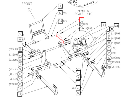 Mahindra right hand loader frame mounting bracket CJSX12A00350K for 4540 and 4550 FM 4 loaders on 4WD tractors, heavy fabricated mount that secures the loader frame to the tractor chassis.