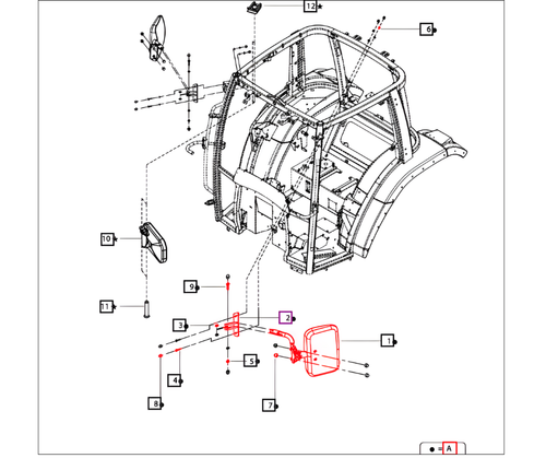 Mahindra rear view mirror kit 007636669D91 for cab models mPower 75P, mPower 85P, 6065/6075 4WD CAB, 7095 CAB, 8100 and 8090, complete outside mirror assembly kit that mounts to the cab posts to provide rear and side visibility.