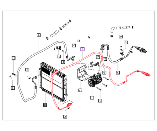 Mahindra A/C liquid line hose 008012767U91 for 6065 and 6075 4WD CAB plus 8090 and 8100 CAB tractors, engine‑side HVAC refrigerant hose connecting the compressor and condenser/drier circuit.