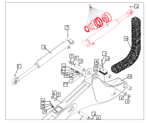 Mahindra backhoe boom cylinder seal kit ATI45618, complete seal and wiper set for rebuilding the boom hydraulic cylinder on 509, 485, 595, 50, 65B, 75B and 85B backhoes used on Mahindra tractors including 4025, 3510, 4110, 3535, 4035, 4530, 5530, 6530, 2555, 2565, 3540, 3550, 5555, 5565 and mPower 75.