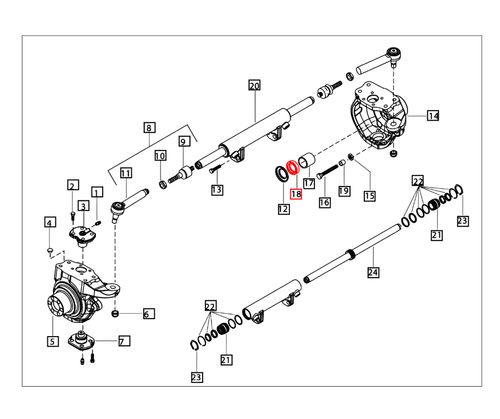 Mahindra front axle oil seal ring 006523699U01 for Carraro 20.16 axles on 6065 and 6075 4WD CAB tractors, sealing the swivel housing and steering cylinder area to keep axle oil in and contaminants out.
