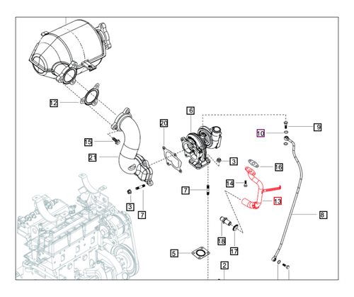 Mahindra turbocharger drain outlet pipe 006016842H91 (Pipe TC Drain Outlet) used in the exhaust system on 4565, 5555, 5565, 5570, 2555, 2565, 2655, 2660, 2670, 6065 and 6075 tractors to carry drain flow from the turbocharger back to the engine.
