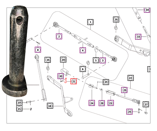 Mahindra 3‑point hinge pin 007541608C1 for 1120, 1123 and 1126 sub‑compact tractors, steel pin used in the rear 3‑point linkage assembly to hinge and retain hitch components.